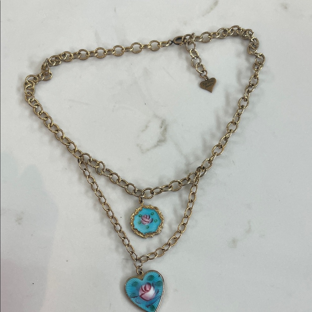 Gold Layered Necklace with Blue and Pink Pendants